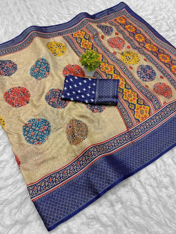 Beige_Printed_Saree_With_Navy_Border_for_Women