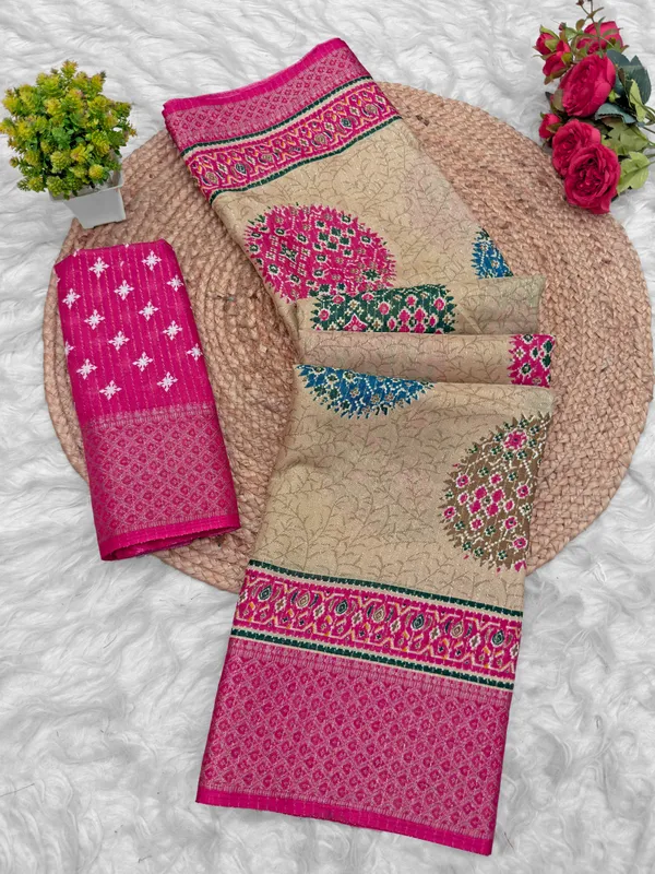 Beige_And_Pink_Printed_Saree_With_Blouse_Piece_for_Women