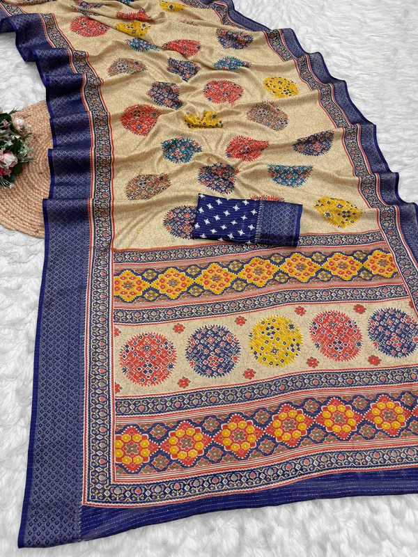 Beige_Printed_Saree_With_Navy_Border_for_Women