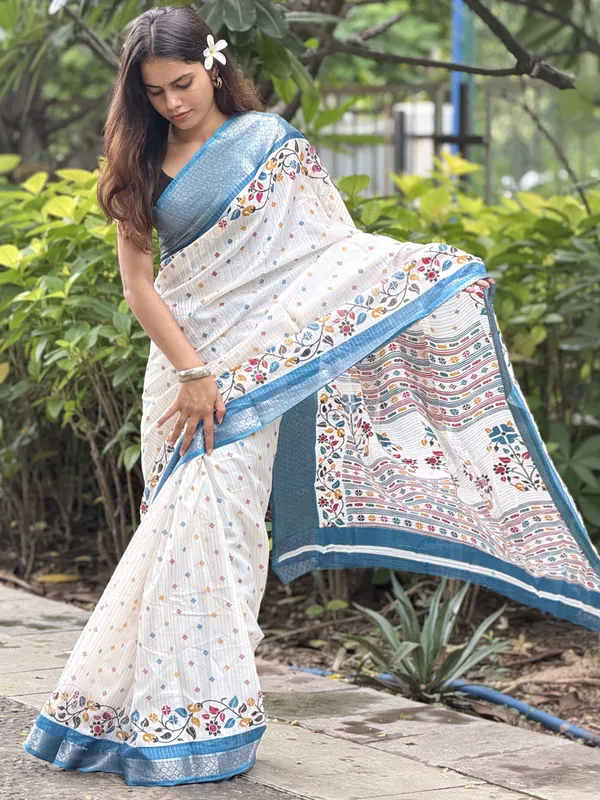 White_Printed_Textured_Saree_for_Women