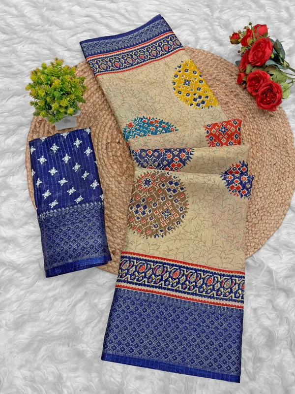 Beige_Printed_Saree_With_Navy_Border_for_Women