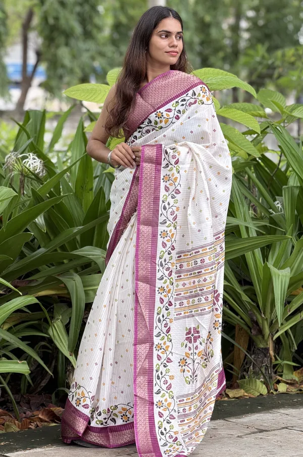White_Floral_Printed_Saree_With_Maroon_Border_for_Women