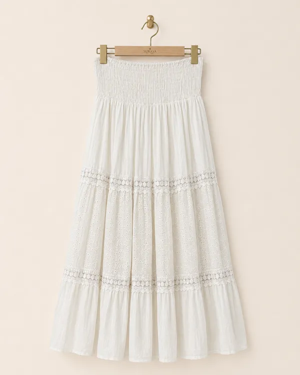 White_Smocked_Tiered_Skirt_for_Women