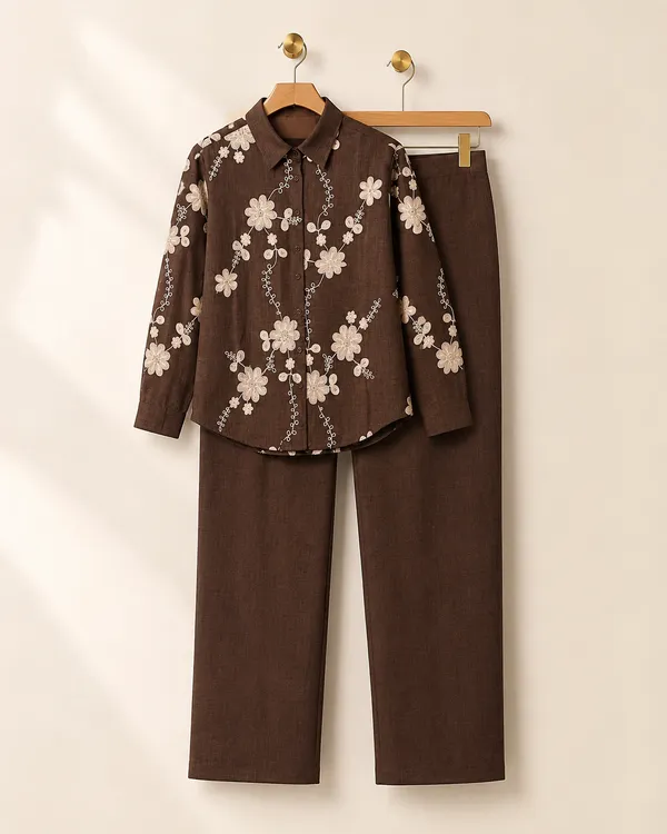 Brown_Floral_Print_Shirt_And_Trouser_Set_for_Women