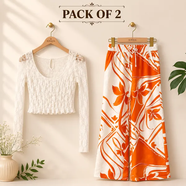 Ivory_And_Orange_Cotton_And_Linen_Fitted_Lace_Cropped_Top_And_Wide_Leg_Printed_Trouser_For_Women_Pack_Of_2