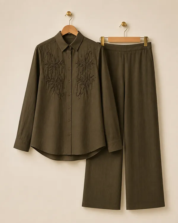 Olive_Embroidered_Shirt_And_Wide_Leg_Trouser_Set_for_Women