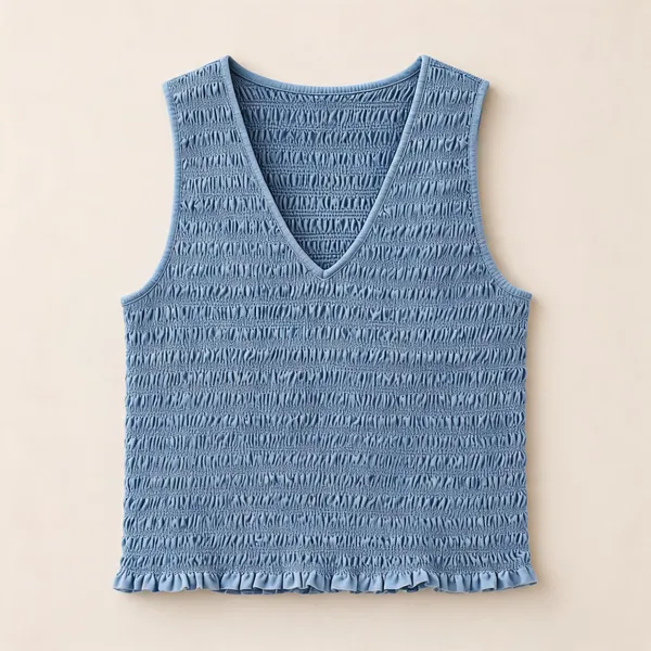 Powder_Blue_Wool_Fitted_Smocked_Sleeveless_Top_For_Women