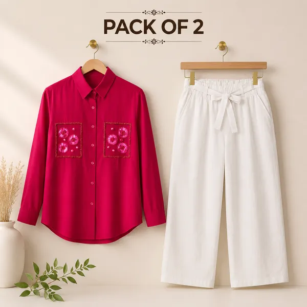 Fuchsia_Pink_And_White_Relaxed_Fit_Embellished_Shirt_And_Wide_Leg_Trouser_For_Women_Pack_Of_2