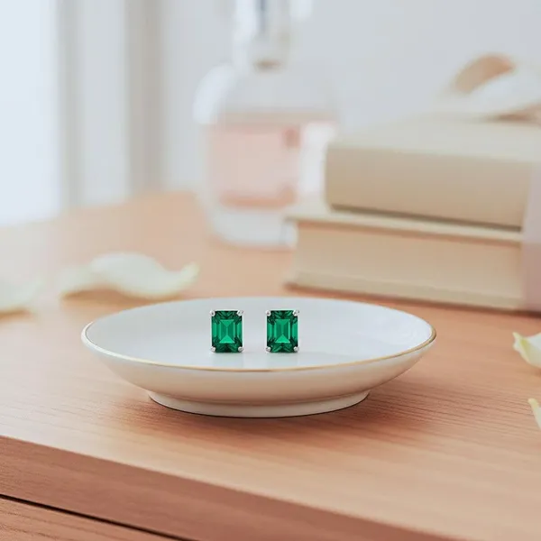 925_Sterling_Silver_Lab_Emerald_Rectangular_Stud_Earrings_For_Women
