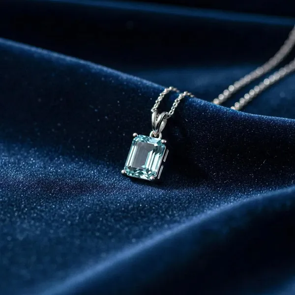 925_Sterling_Silver_Lab_Aquamarine_Rectangular_Pendant_Necklace_For_Women