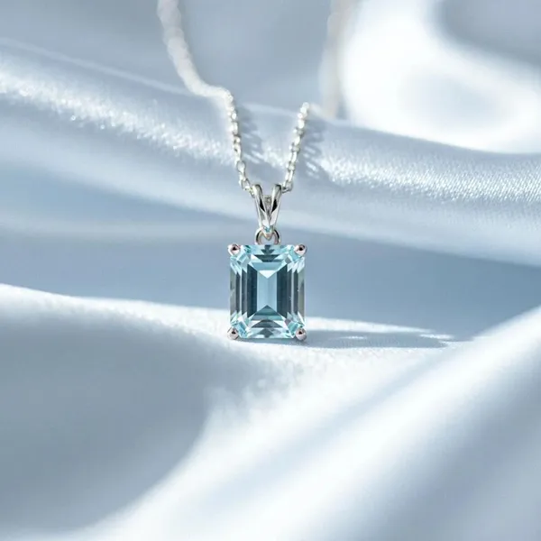 925_Sterling_Silver_Lab_Aquamarine_Rectangular_Pendant_Necklace_For_Women