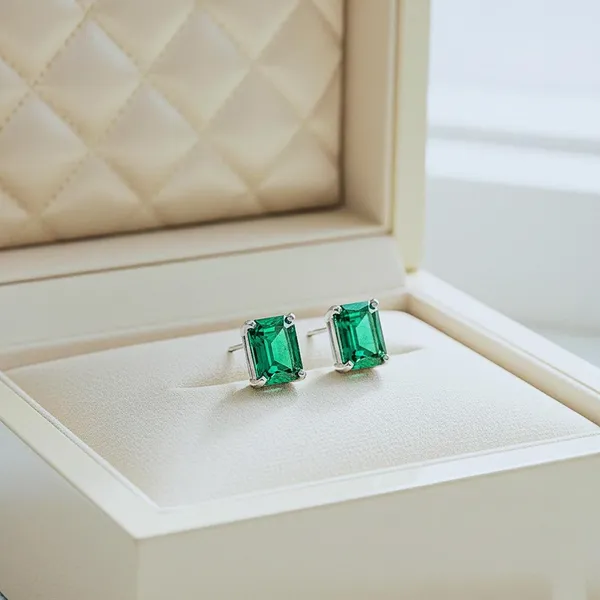 925_Sterling_Silver_Lab_Emerald_Rectangular_Stud_Earrings_For_Women