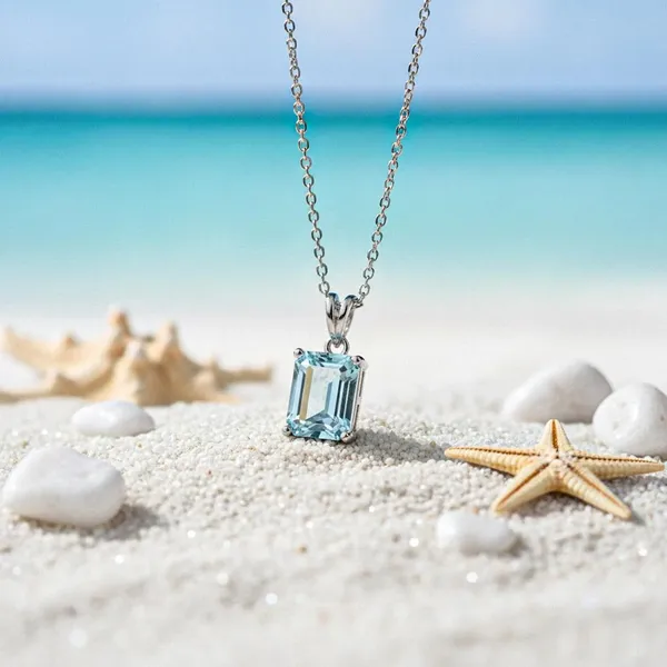 925_Sterling_Silver_Lab_Aquamarine_Rectangular_Pendant_Necklace_For_Women