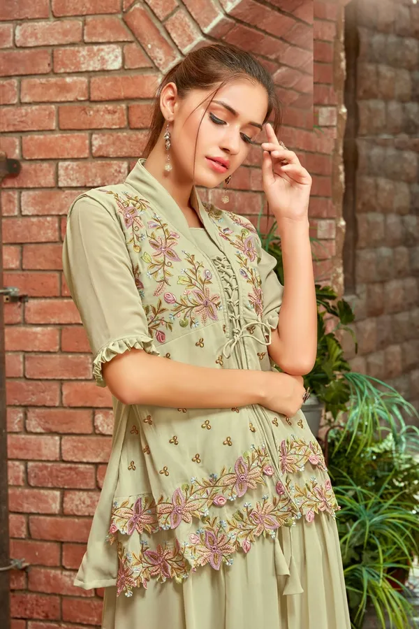 Green_Embroidered_Faux_Georgette_Flared_Gown_With_Jacket_And_Dupatta