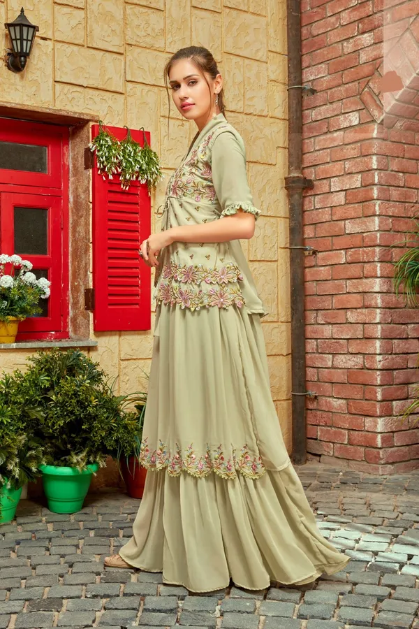 Green_Embroidered_Faux_Georgette_Flared_Gown_With_Jacket_And_Dupatta