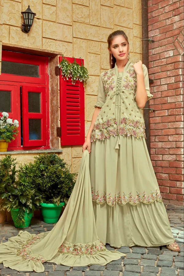 Green_Embroidered_Faux_Georgette_Flared_Gown_With_Jacket_And_Dupatta