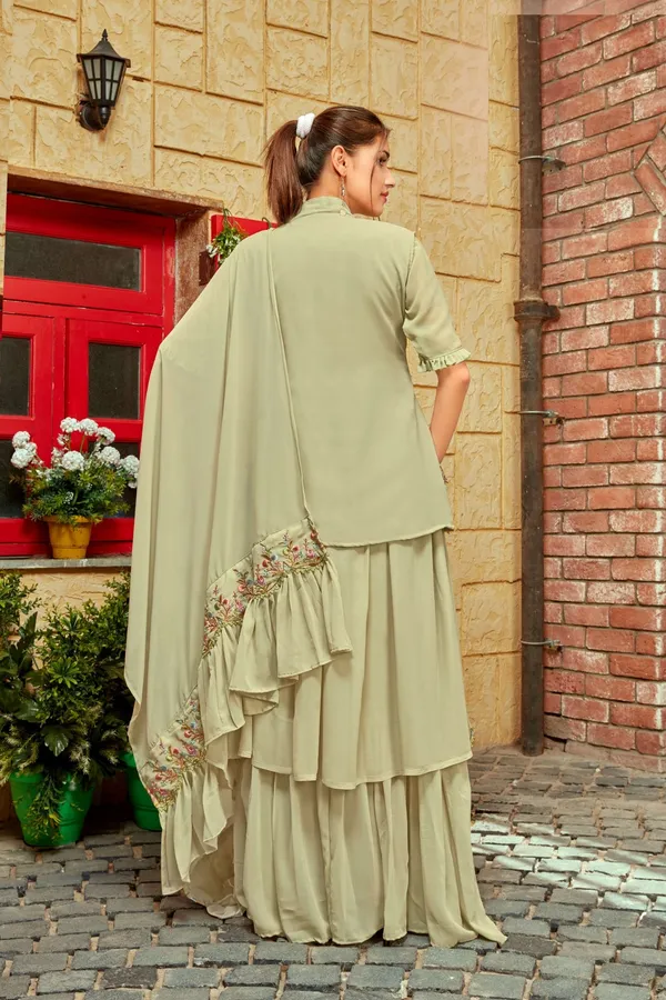 Green_Embroidered_Faux_Georgette_Flared_Gown_With_Jacket_And_Dupatta
