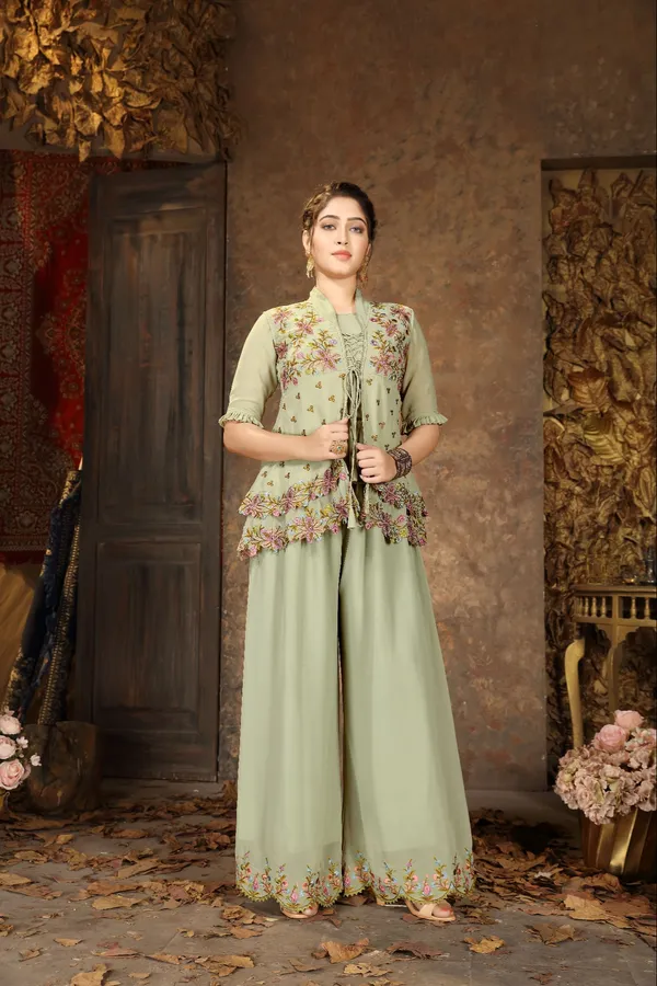 Green_Embroidered_Faux_Georgette_Kurta_Palazzo_Set_With_Jacket