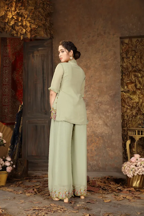 Green_Embroidered_Faux_Georgette_Kurta_Palazzo_Set_With_Jacket