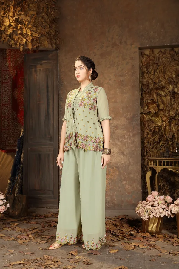 Green_Embroidered_Faux_Georgette_Kurta_Palazzo_Set_With_Jacket