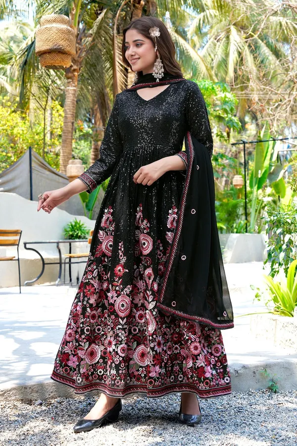 Midnight_Elegance_Black_Embroidered_Faux_Georgette_A-Line_Gown_With_Dupatta