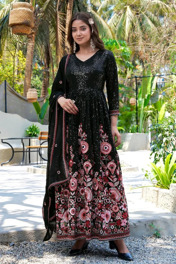 Midnight_Elegance_Black_Embroidered_Faux_Georgette_A-Line_Gown_With_Dupatta