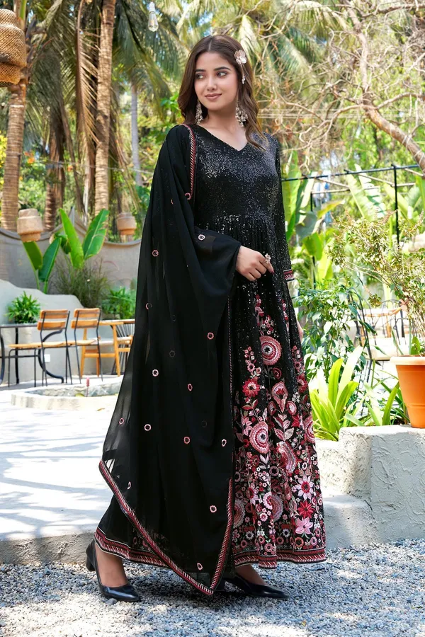 Midnight_Elegance_Black_Embroidered_Faux_Georgette_A-Line_Gown_With_Dupatta