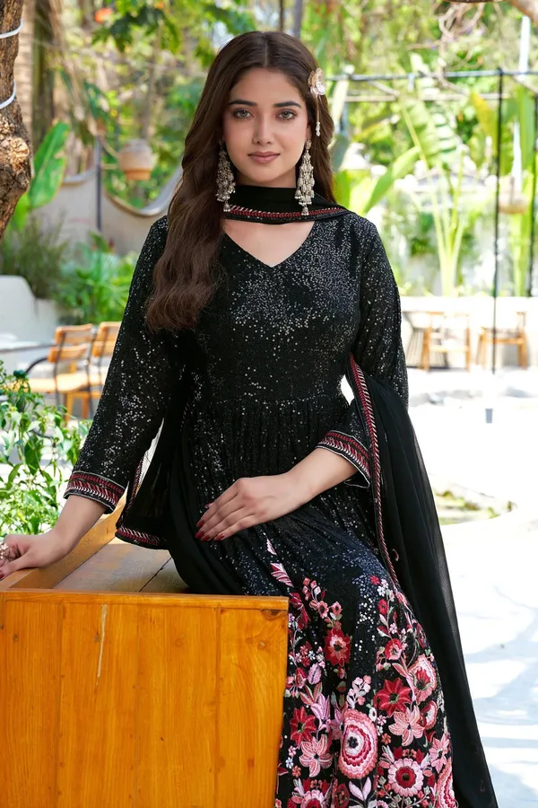 Midnight_Elegance_Black_Embroidered_Faux_Georgette_A-Line_Gown_With_Dupatta