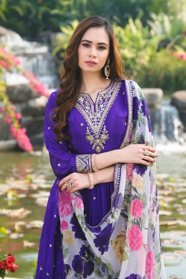 Purple_Embroidered_Chinon_A-Line_Gown_With_Printed_Organza_Dupatta