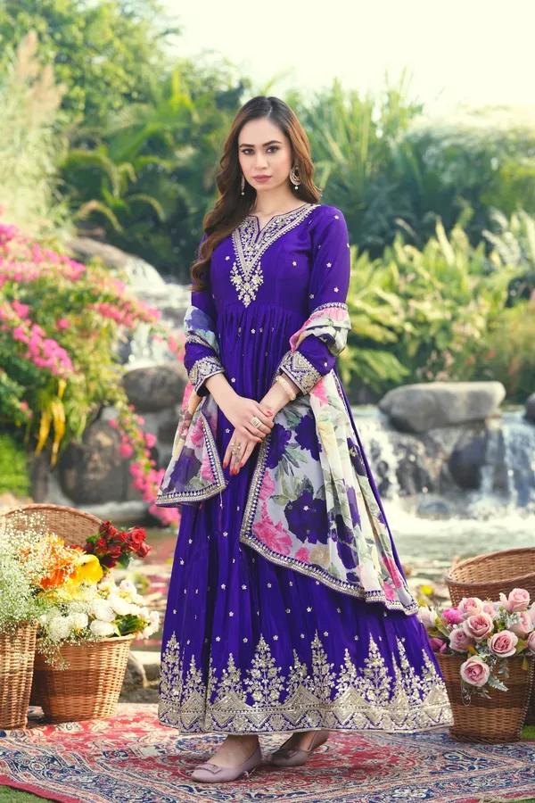 Purple_Embroidered_Chinon_A-Line_Gown_With_Printed_Organza_Dupatta