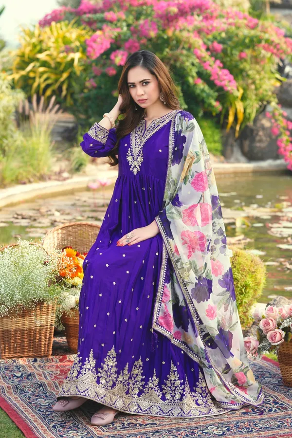 Purple_Embroidered_Chinon_A-Line_Gown_With_Printed_Organza_Dupatta