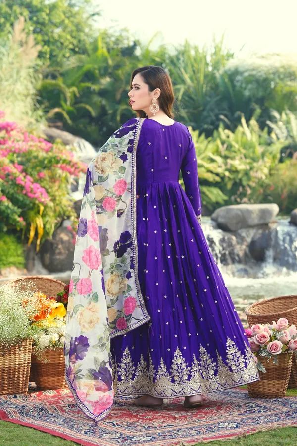 Purple_Embroidered_Chinon_A-Line_Gown_With_Printed_Organza_Dupatta
