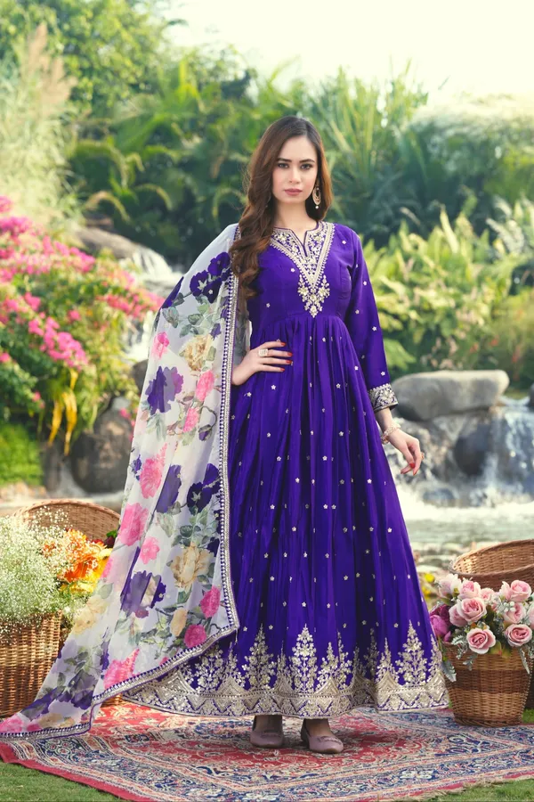 Purple_Embroidered_Chinon_A-Line_Gown_With_Printed_Organza_Dupatta