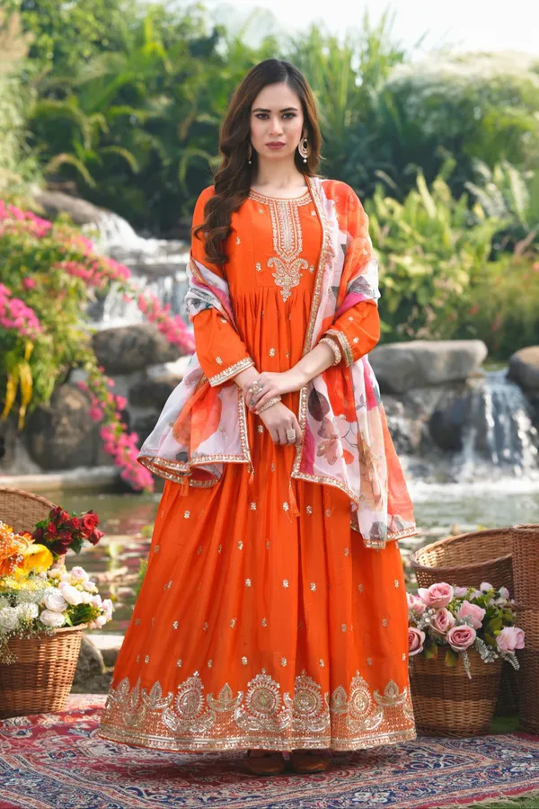 Orange_Embroidered_Chinon_A-Line_Gown_With_Printed_Organza_Dupatta