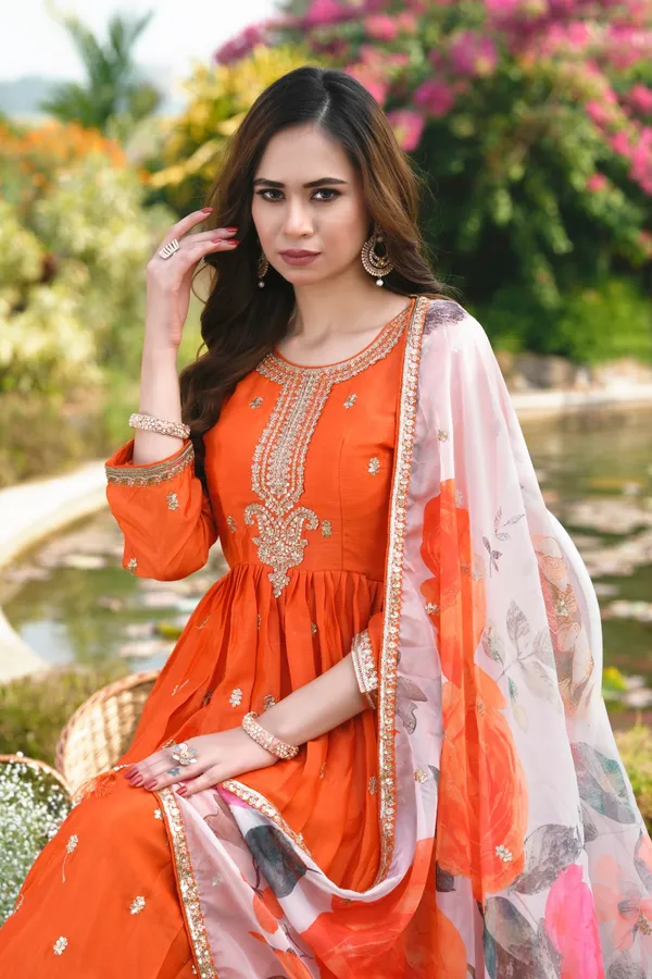 Orange_Embroidered_Chinon_A-Line_Gown_With_Printed_Organza_Dupatta