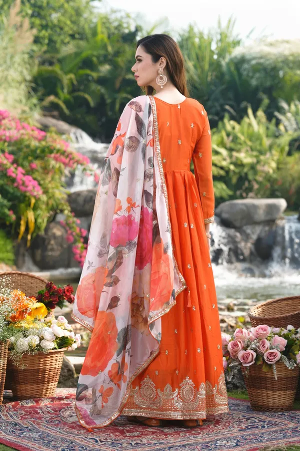 Orange_Embroidered_Chinon_A-Line_Gown_With_Printed_Organza_Dupatta