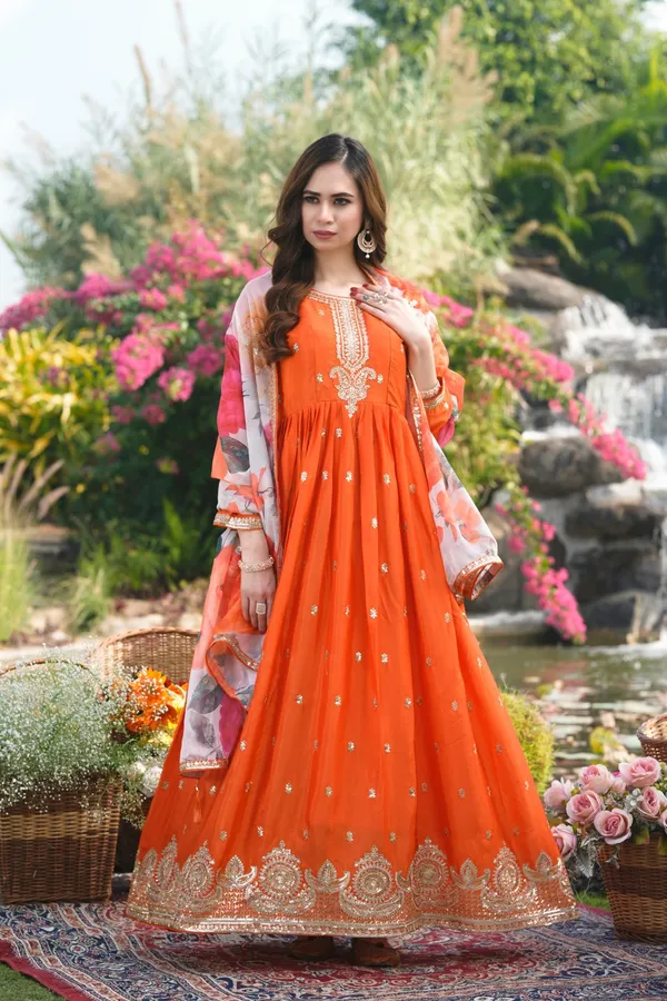 Orange_Embroidered_Chinon_A-Line_Gown_With_Printed_Organza_Dupatta