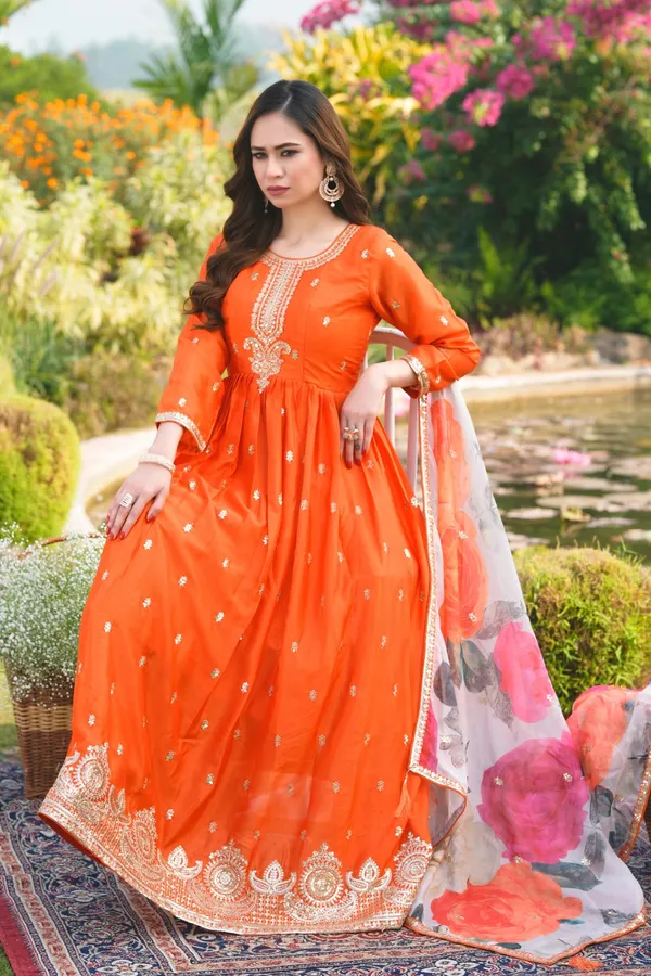Orange_Embroidered_Chinon_A-Line_Gown_With_Printed_Organza_Dupatta