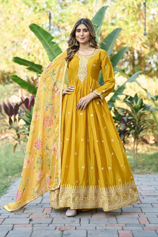 Radiant_Yellow_Chinon_Embroidered_A-Line_Gown_With_Floral_Organza_Dupatta