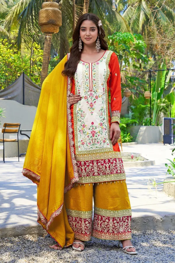 Orange_Embroidered_Kurta_Palazzo_Set_With_Yellow_Dupatta