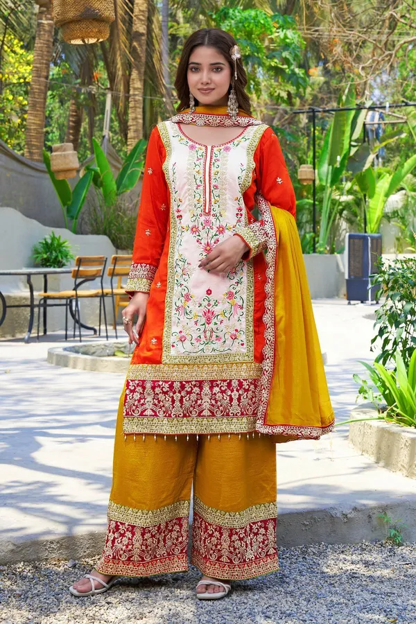 Orange_Embroidered_Kurta_Palazzo_Set_With_Yellow_Dupatta