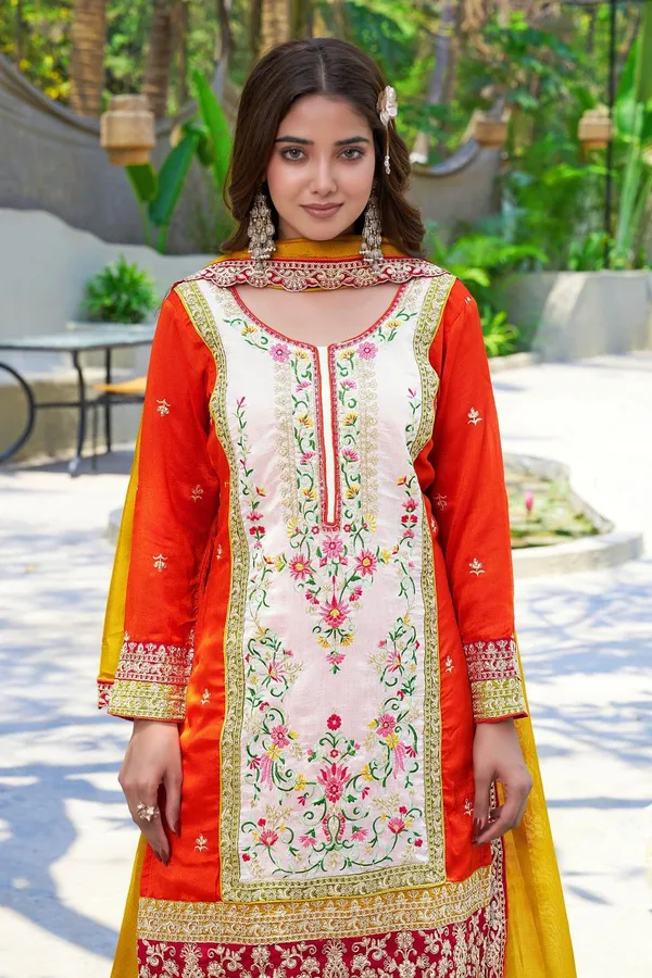Orange_Embroidered_Kurta_Palazzo_Set_With_Yellow_Dupatta