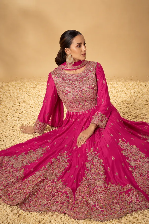 Radiant_Pink_Embroidered_Chinon_A-Line_Kurta_Palazzo_Set_With_Dupatta