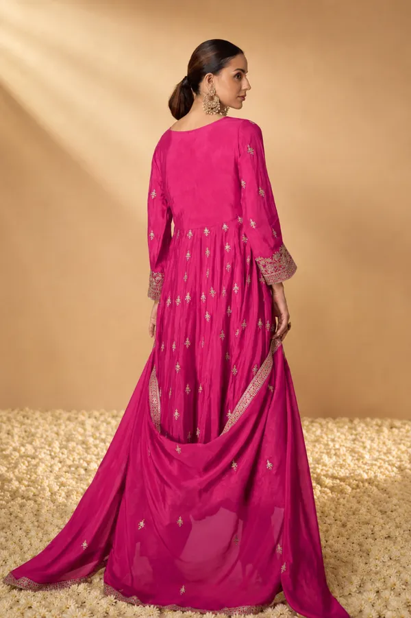 Radiant_Pink_Embroidered_Chinon_A-Line_Kurta_Palazzo_Set_With_Dupatta