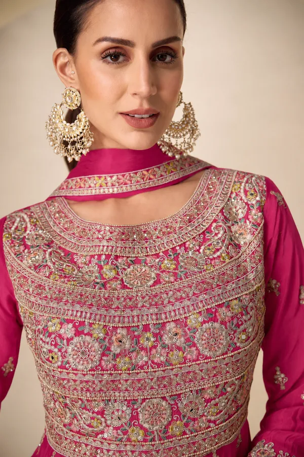 Radiant_Pink_Embroidered_Chinon_A-Line_Kurta_Palazzo_Set_With_Dupatta