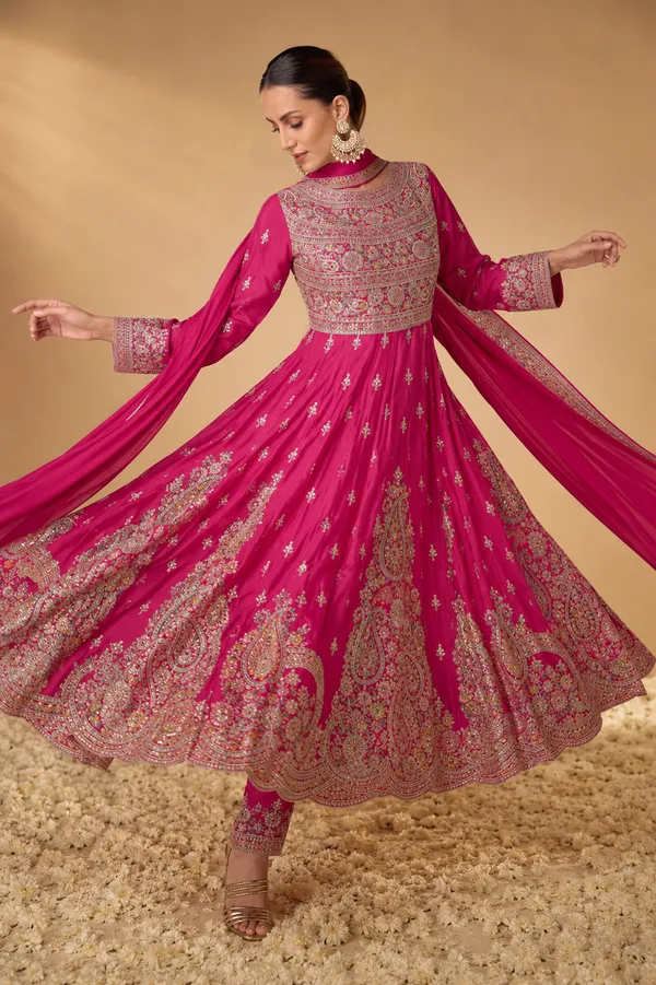 Radiant_Pink_Embroidered_Chinon_A-Line_Kurta_Palazzo_Set_With_Dupatta
