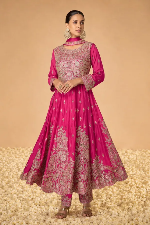 Radiant_Pink_Embroidered_Chinon_A-Line_Kurta_Palazzo_Set_With_Dupatta