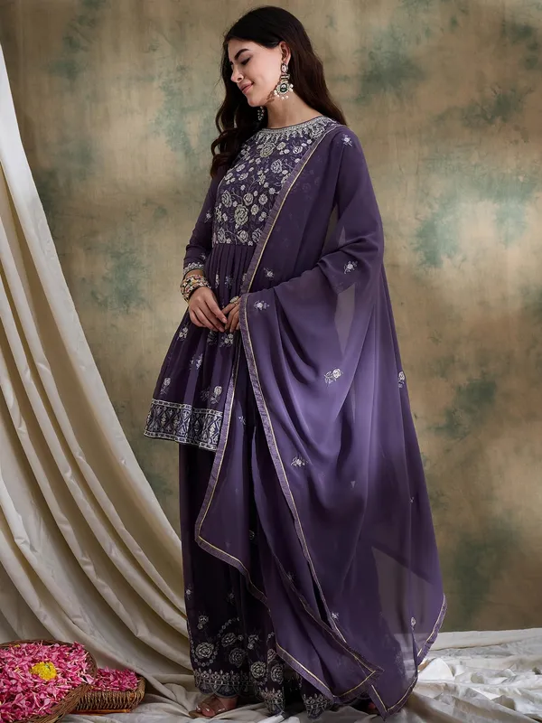 Enchanting_Purple_Embroidered_Faux_Georgette_Lehenga_Kurta_Set_With_Dupatta