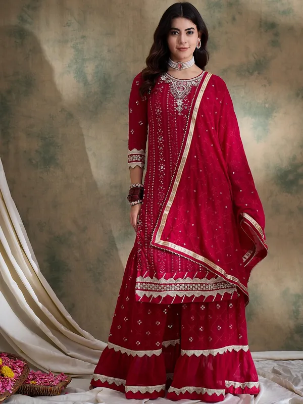 Elegant_Pink_Embroidered_Faux_Georgette_Kurta_Sharara_Set_With_Dupatta