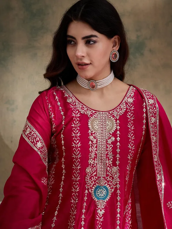 Pink_Chinon_Embroidered_Kurta_Palazzo_Set_With_Round_Neck_Flared_Top_And_Dupatta_For_Women